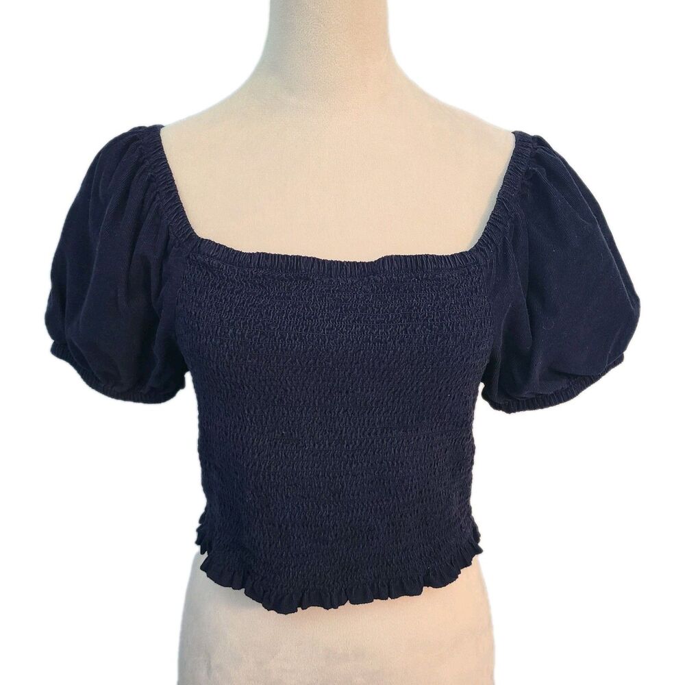 American Eagle Smocked Milkmaid Corduroy Crop Top Puff Sleeve Sz M Indie Cottage
